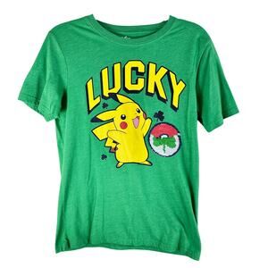 Pokemon Pikachu Lucky Graphic T Shirt Green Sequin Patch XL Kidcore Gamer Y2k